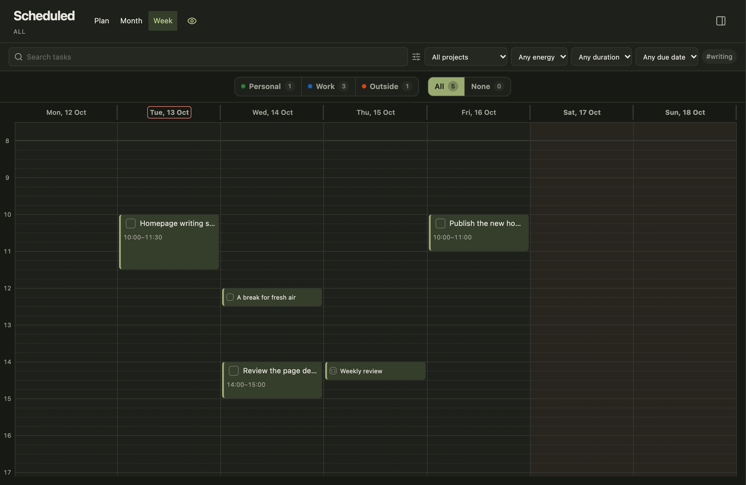 Enlarge Scheduled Week view with writing, fresh-air and recurring review time slots.