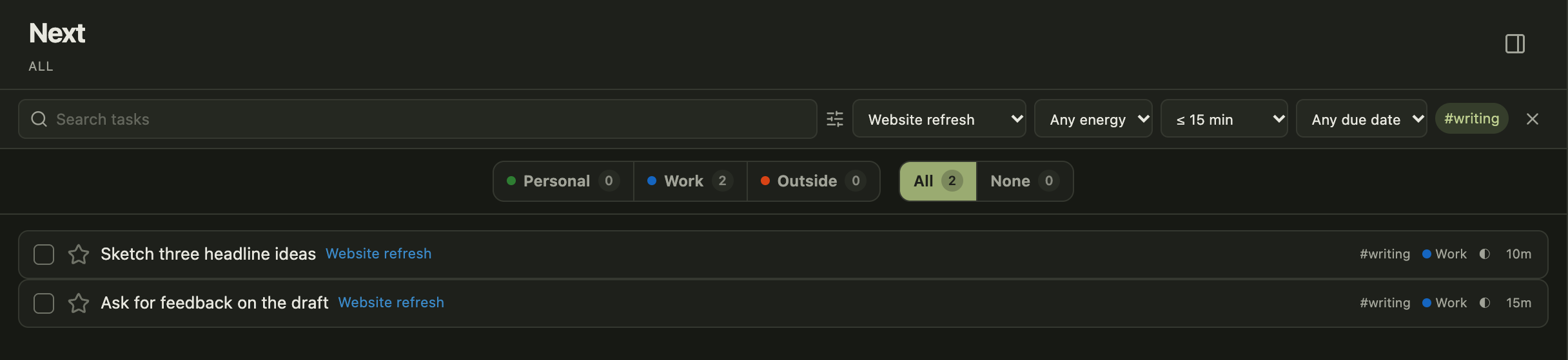 Enlarge Next view filtered by Website refresh, writing tag and 15-minute duration.