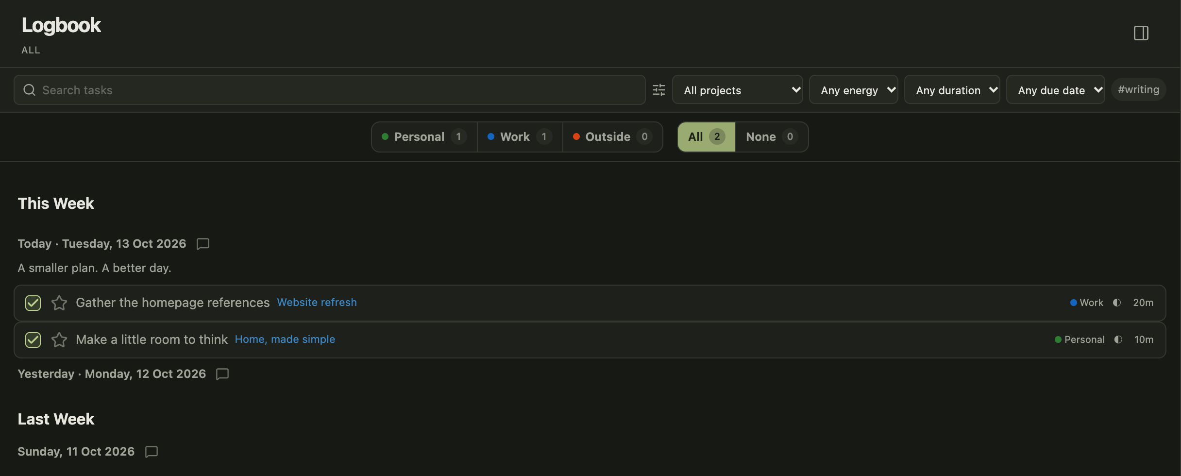 Enlarge Logbook view with completed tasks and a daily reflection.