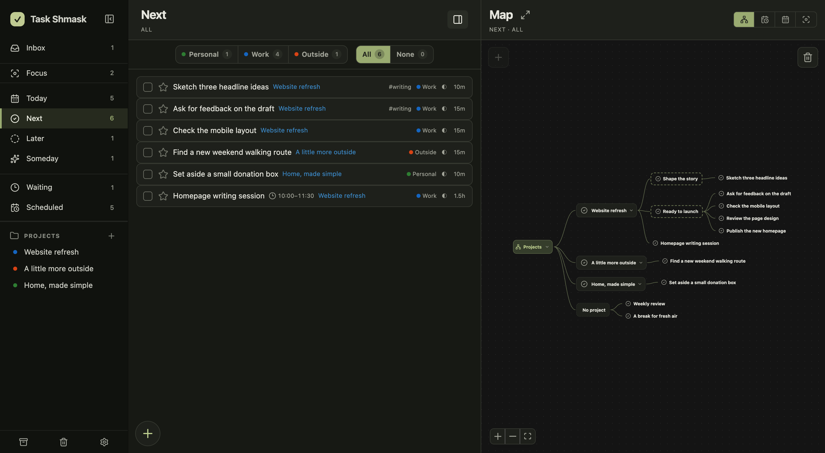 Actual Task Shmask app with the Next task list on the left and an interactive project mind map on the right, connecting projects, groups and their actions.
