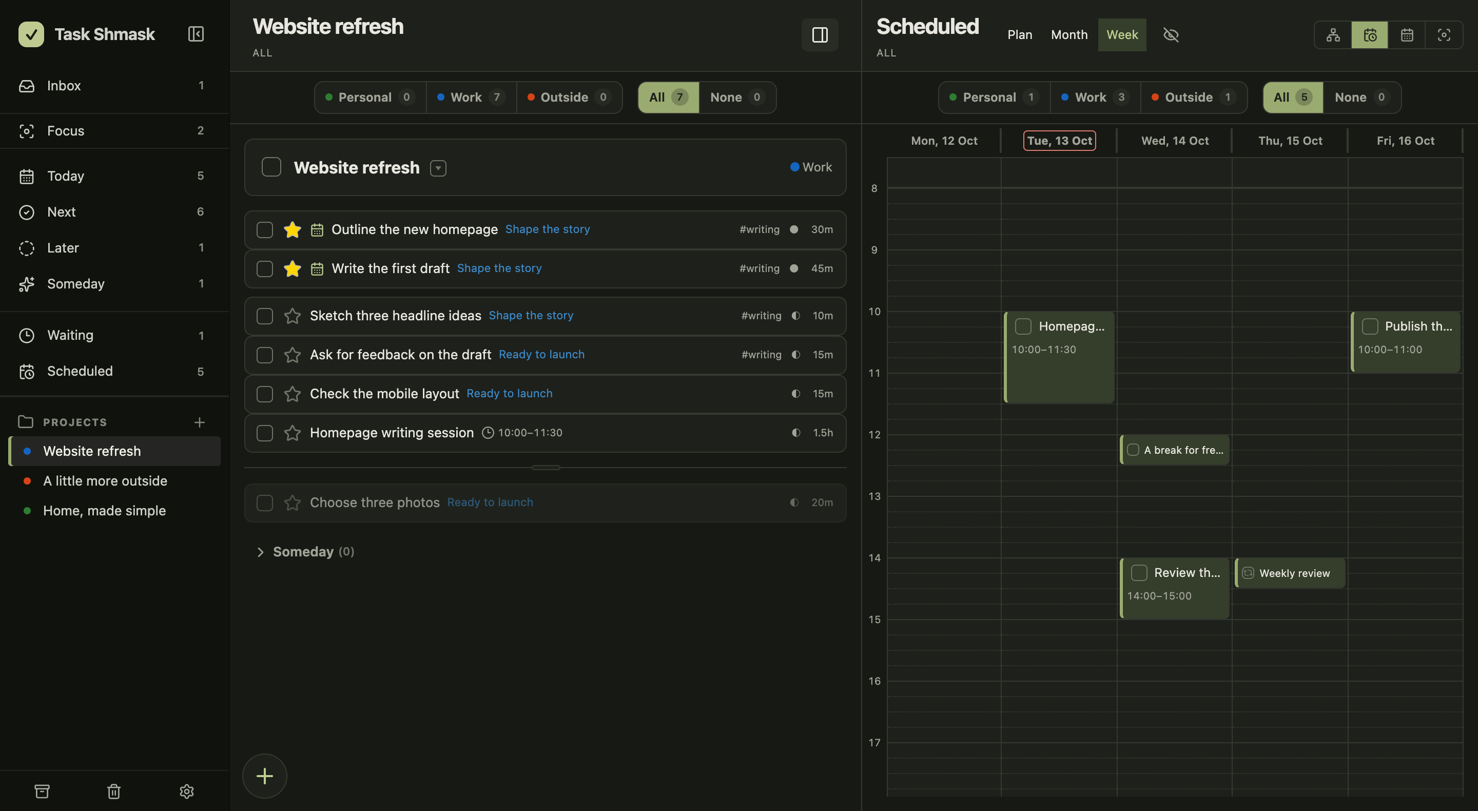 Actual Task Shmask app with the Website refresh project on the left and a workweek calendar on the right, scheduling homepage writing, a design review and publishing.