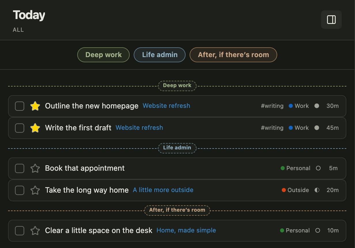 Enlarge Today view with custom sets, starred priorities and task estimates.